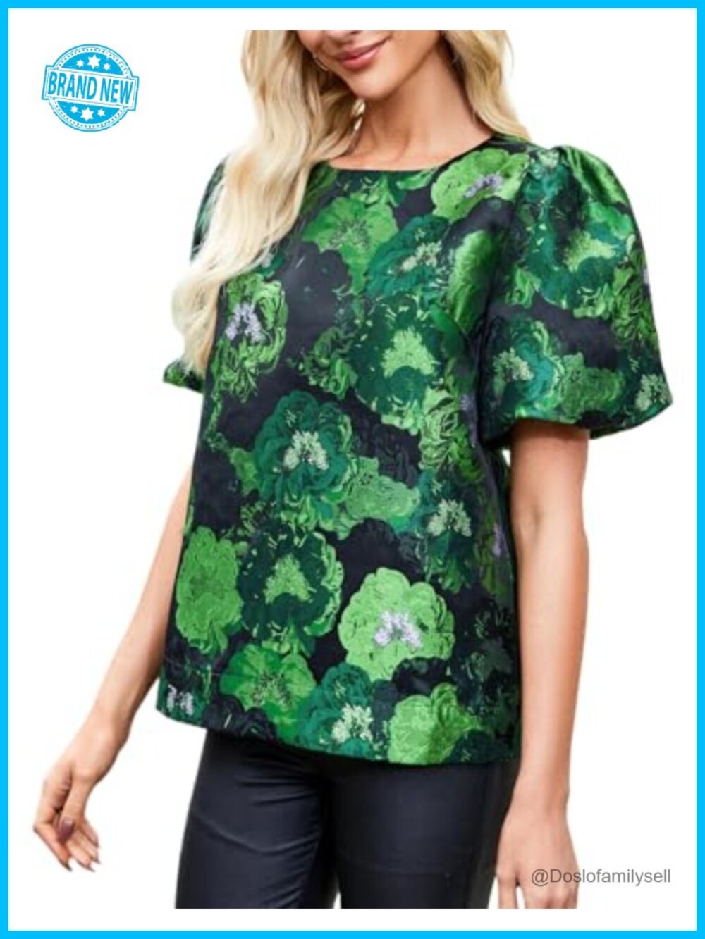 Kedera Womens Floral Jacquard Blouse Puff Sleeve Crewneck Work Top Elegant